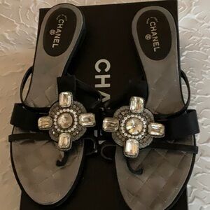 AUTH CHANEL black jeweled shoes sandals 39.5 9 classic and stunning